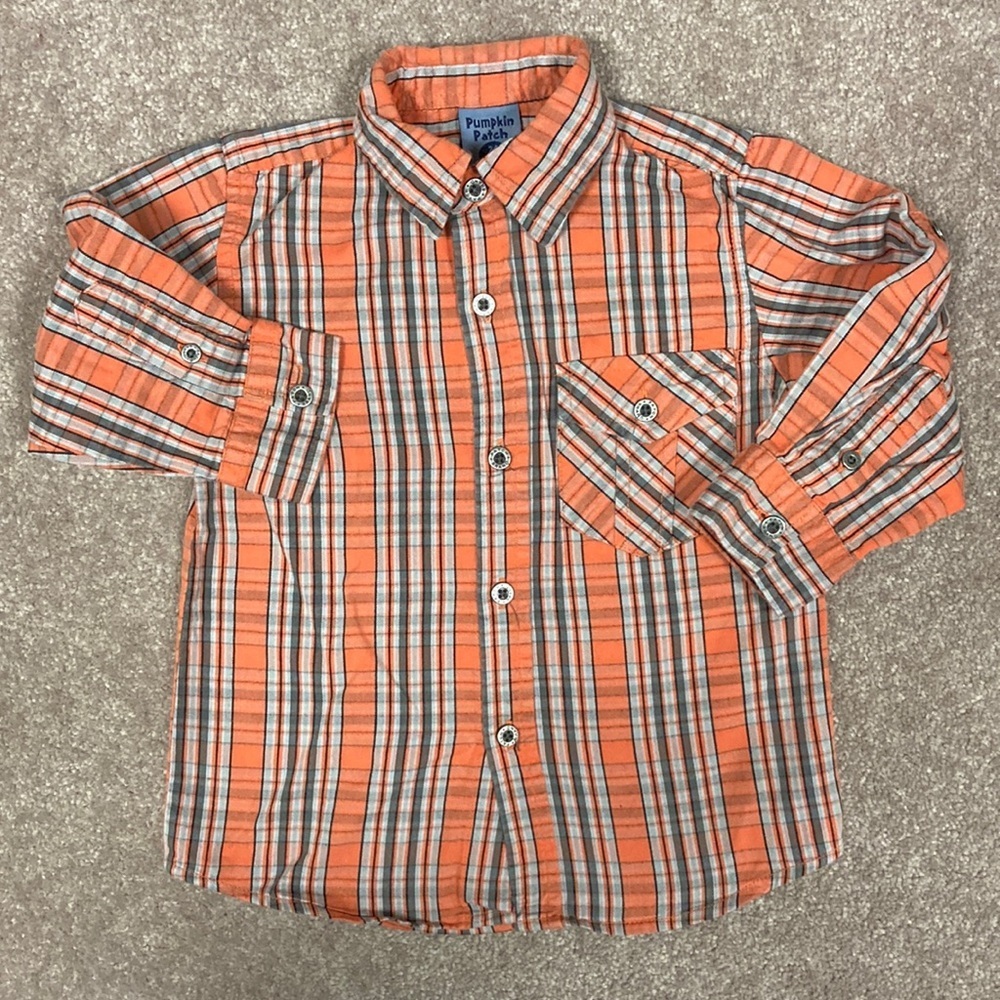 Pumpkin patch 24 months orange grey plaid roll tab sleeve button down